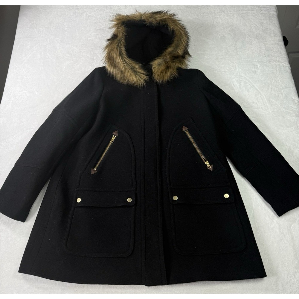 J Crew Italian Stadium Cloth Nello Gori Fur Wool Cocoon Jacket‎ Size 16 Black